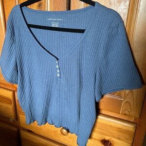 American Eagle Outfitters Blue Ribbed Henley Top